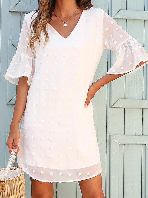 Valenzora | Damen einfarbig Jacquard Polka Dot Chiffon Kurzarmkleid