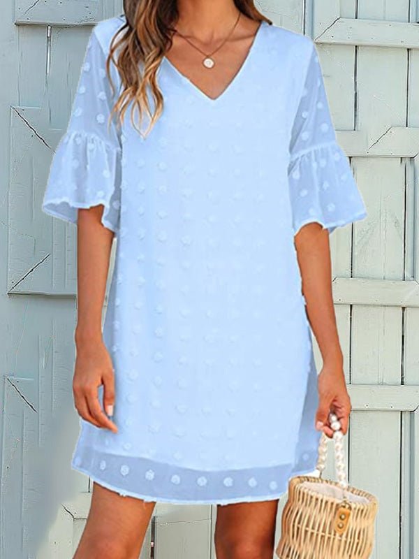 Valenzora | Damen einfarbig Jacquard Polka Dot Chiffon Kurzarmkleid