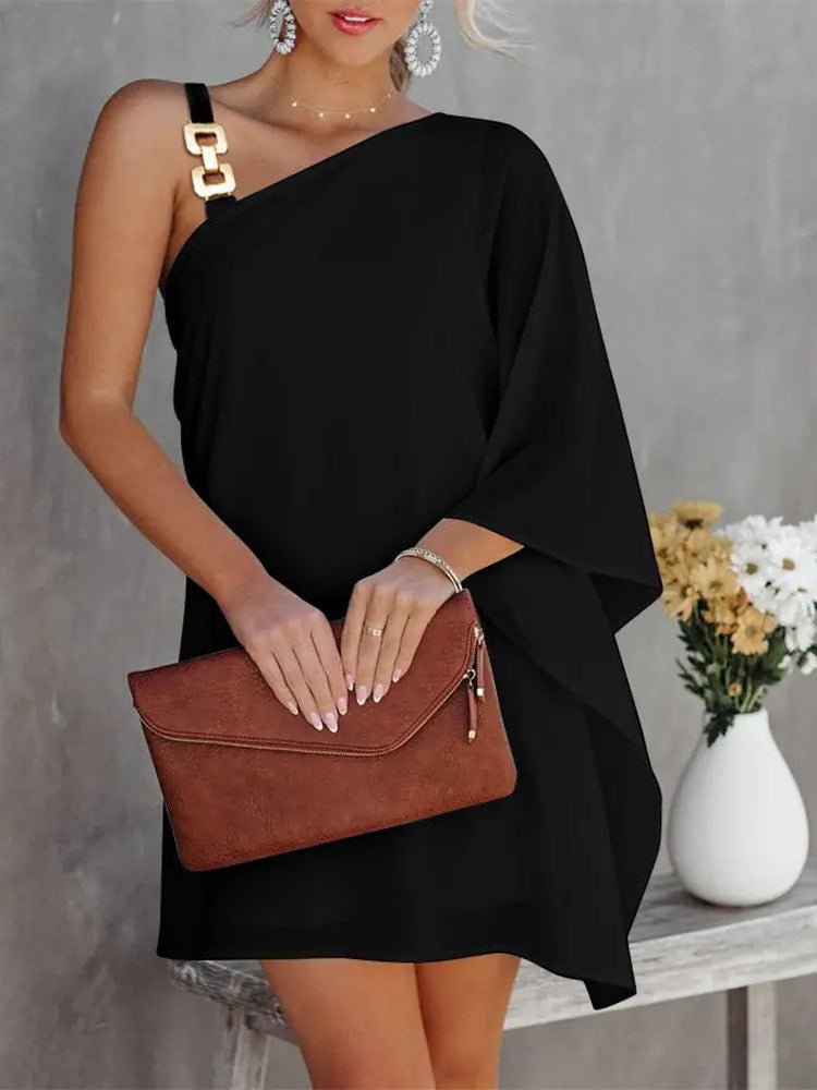 Valenzora | Damenkleider Einfarbig Metallträger Off-Shoulder Puppenärmel-Kleid