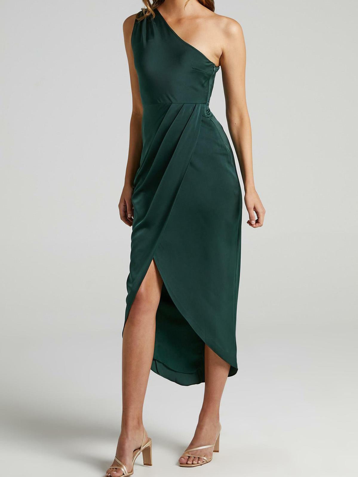 Valenzora | Women's Solid Color Dresses One Shoulder Sleeveless Irregular Slit Dress