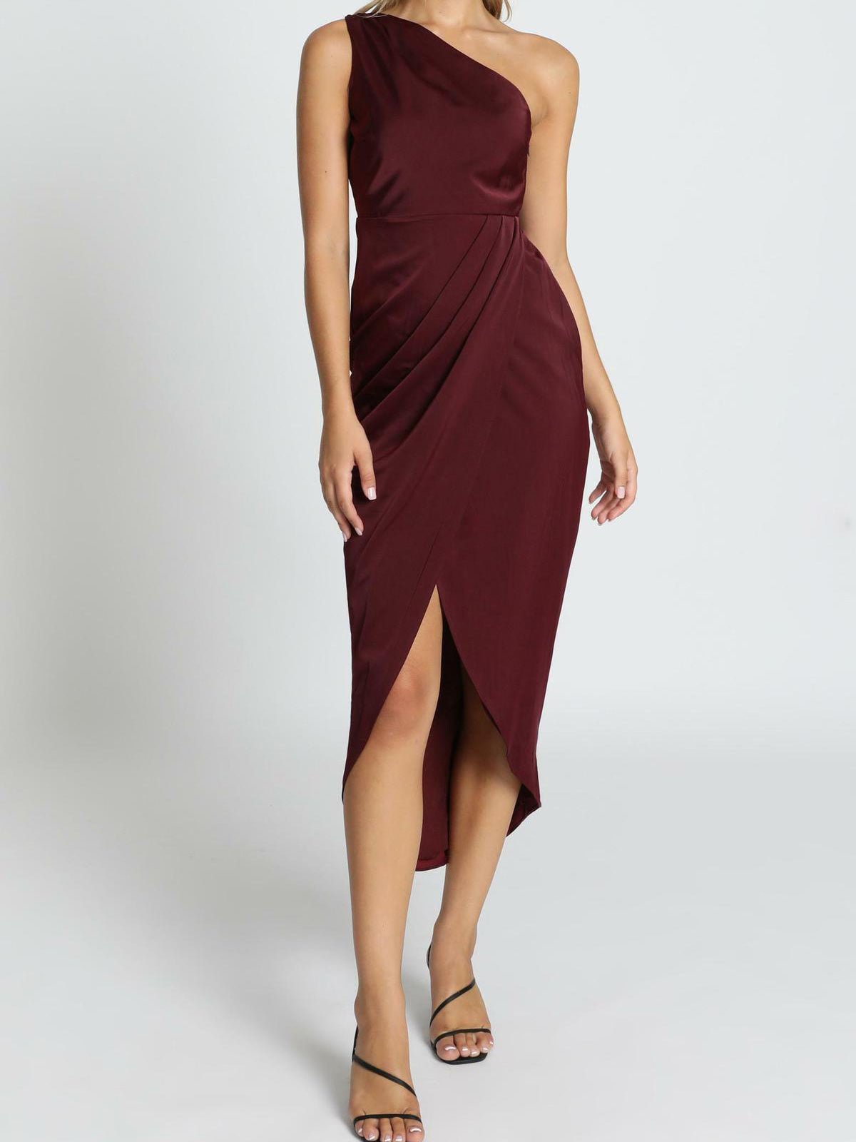 Valenzora | Women's Solid Color Dresses One Shoulder Sleeveless Irregular Slit Dress