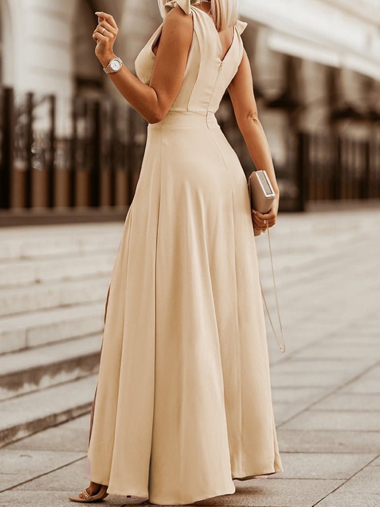Valenzora | Women's Solid Color Dress V-Neck Band Slit Sleeveless Dress