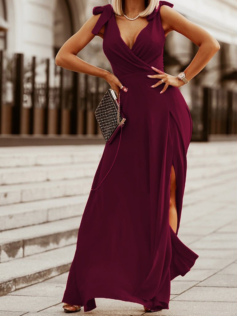 Valenzora | Women's Solid Color Dress V-Neck Band Slit Sleeveless Dress