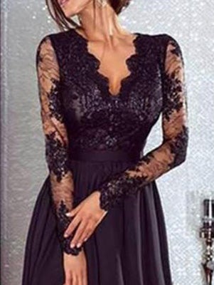 Valenzora | Women's Dresses V-Neck Lace Long Sleeves Slit Evening Dress