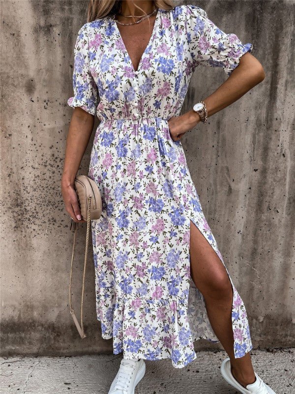 Valenzora | Damen V-Ausschnitt Kleid mit Blumenmuster und kurzen Ärmeln