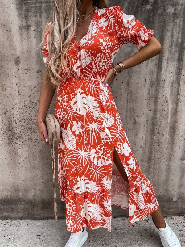 Valenzora | Damen V-Ausschnitt Kleid mit Blumenmuster und kurzen Ärmeln