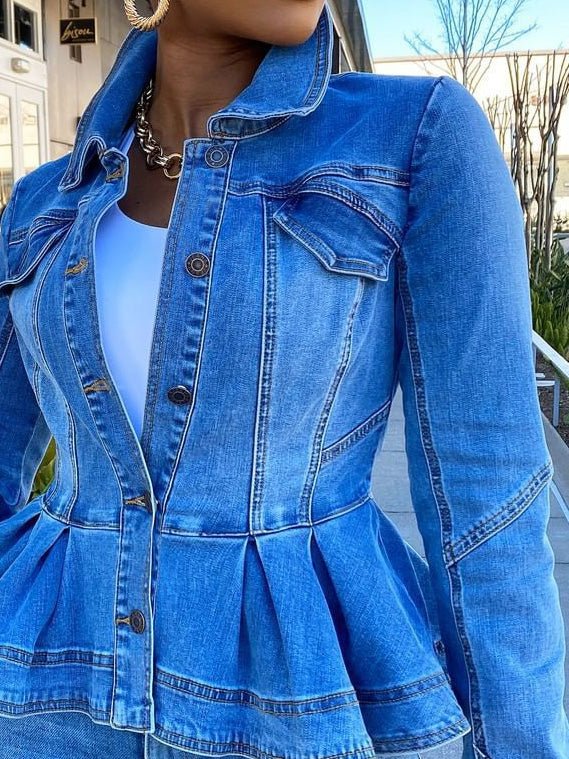 Valenzora | Women's Jacket Button Ruffle Long Sleeve Denim Jacket