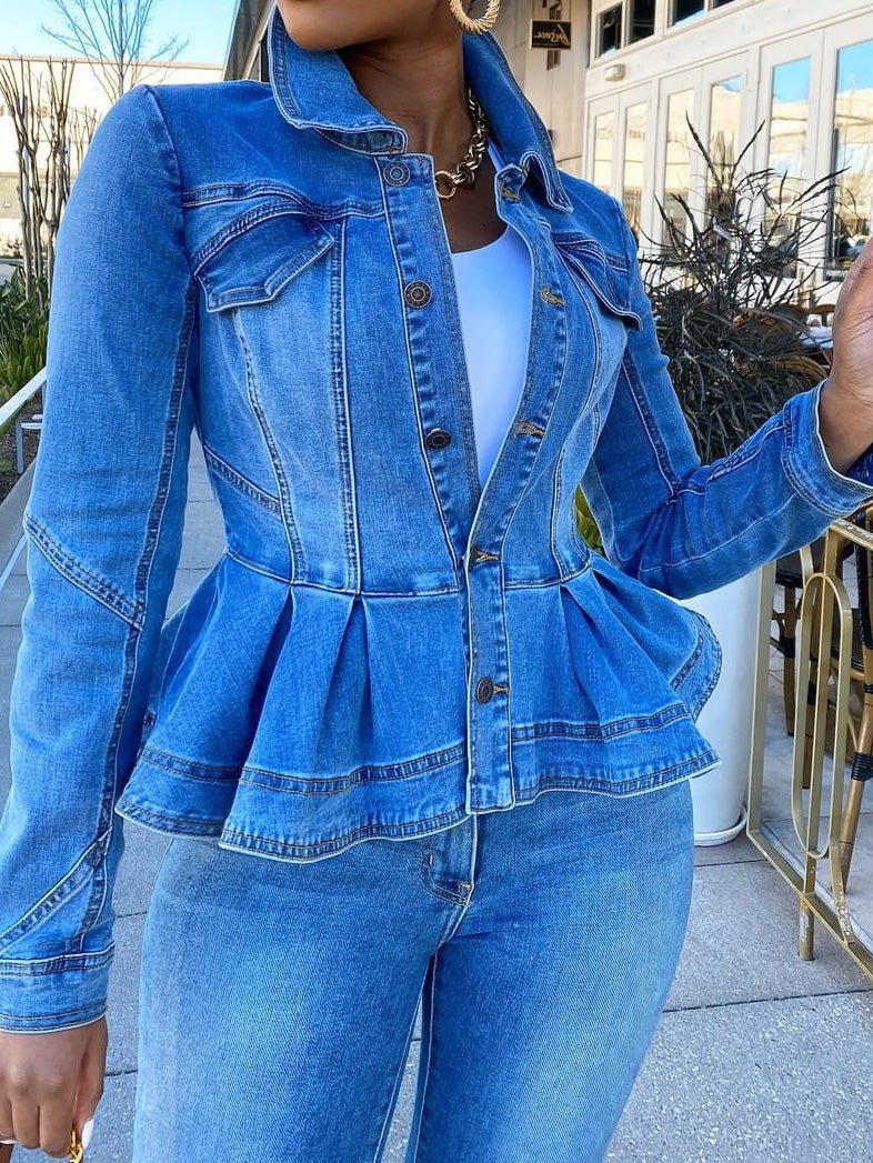 Valenzora | Women's Jacket Button Ruffle Long Sleeve Denim Jacket
