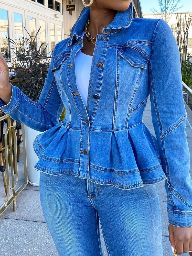 Valenzora | Women's Jacket Button Ruffle Long Sleeve Denim Jacket