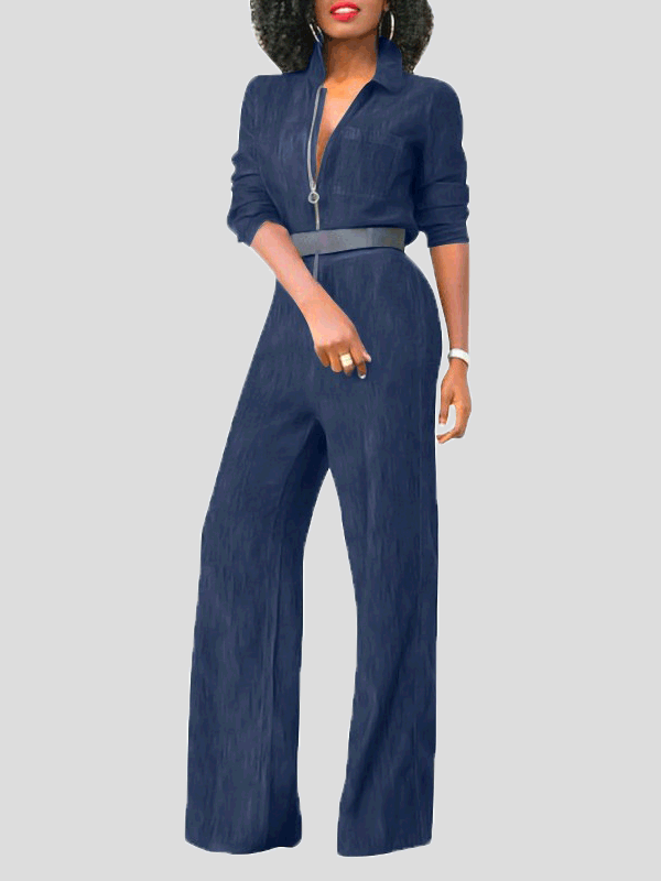 Valenzora | Women's Jumpsuits with Flap Zipper, Long Sleeves, Denim Jumpsuit