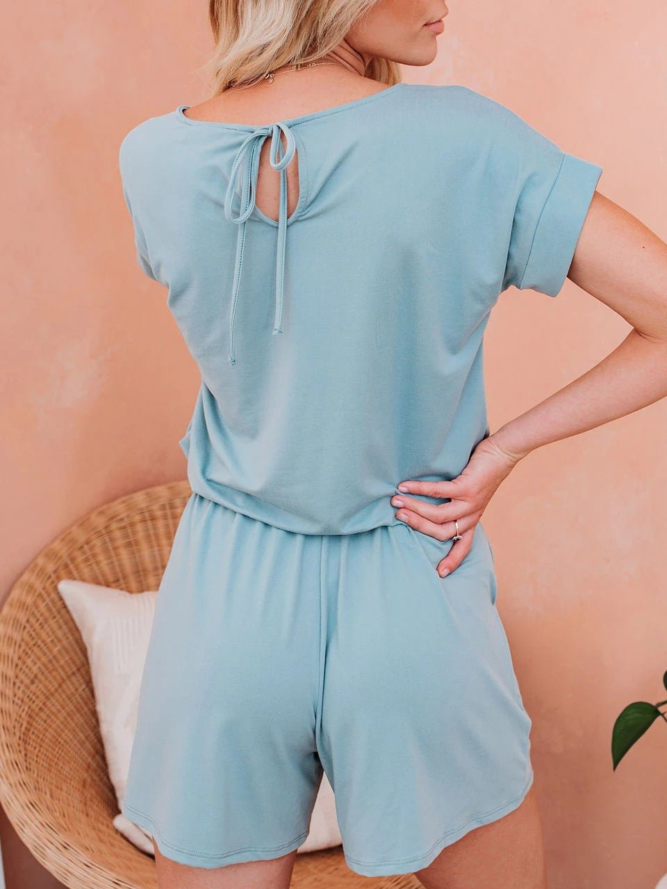 Valenzora | Women's Jumpsuits Solid Short Sleeve Lace-up Casual Jumpsuit