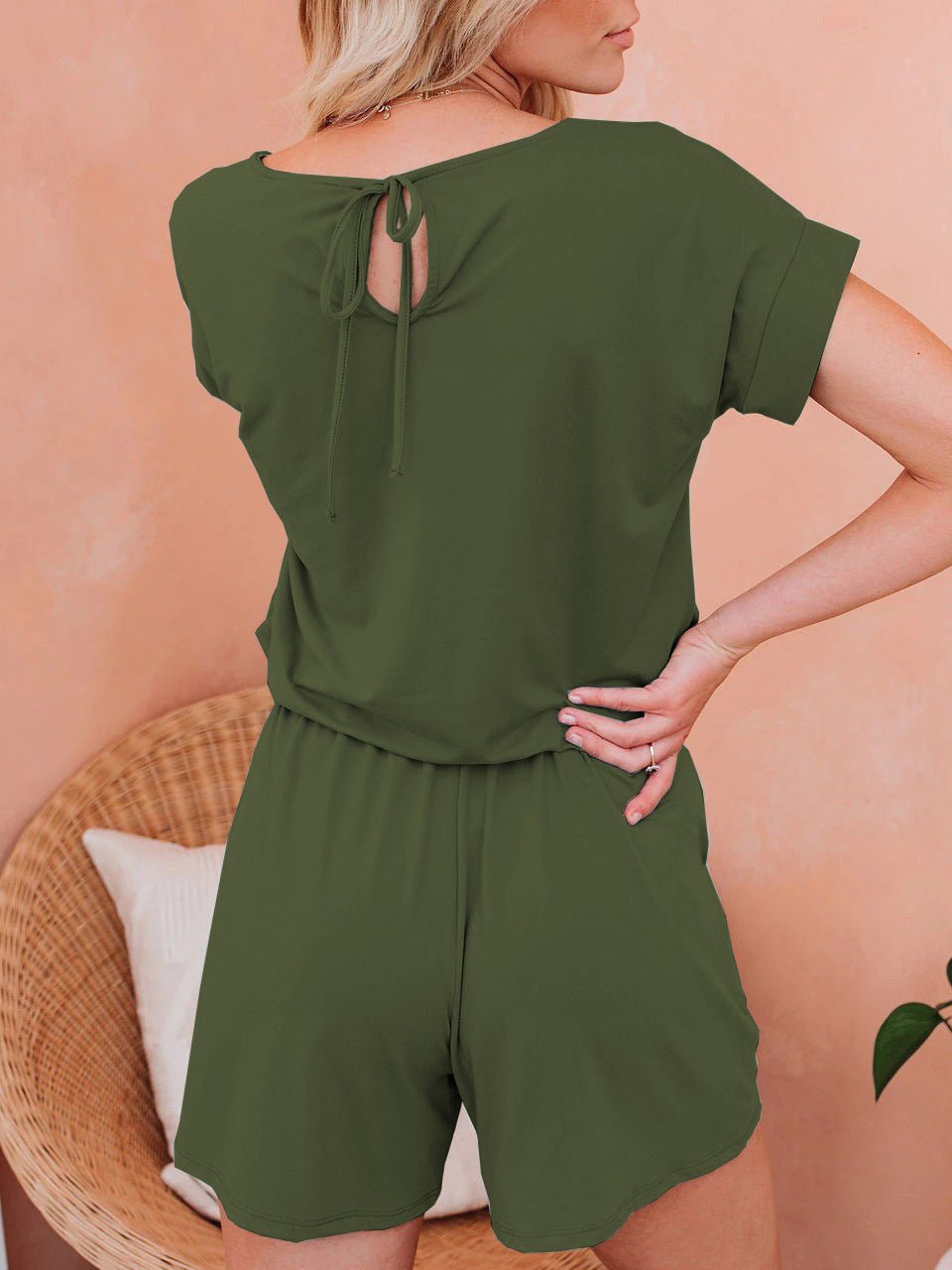 Valenzora | Women's Jumpsuits Solid Short Sleeve Lace-up Casual Jumpsuit