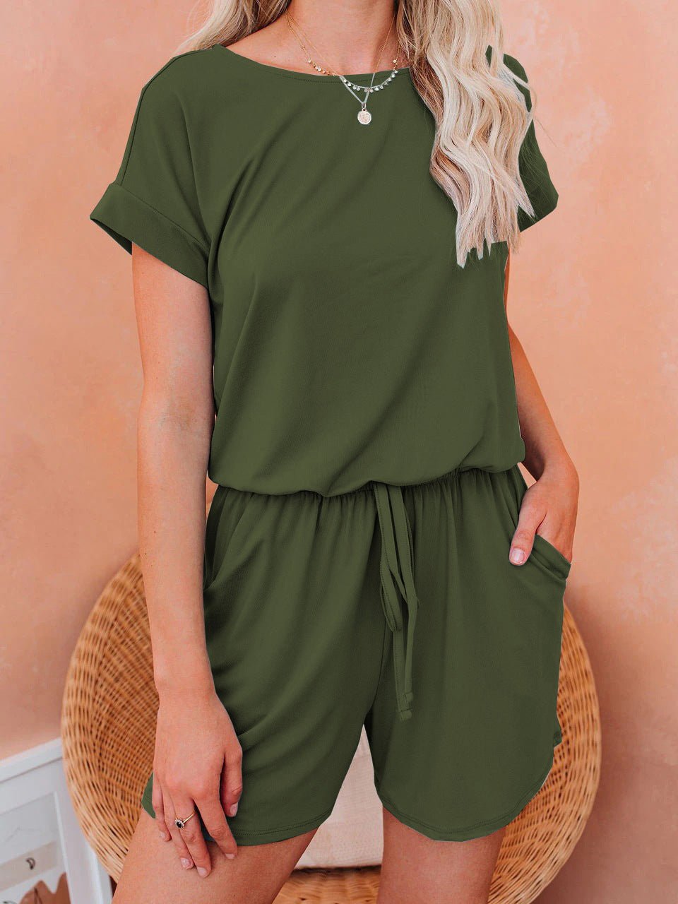 Valenzora | Women's Jumpsuits Solid Short Sleeve Lace-up Casual Jumpsuit