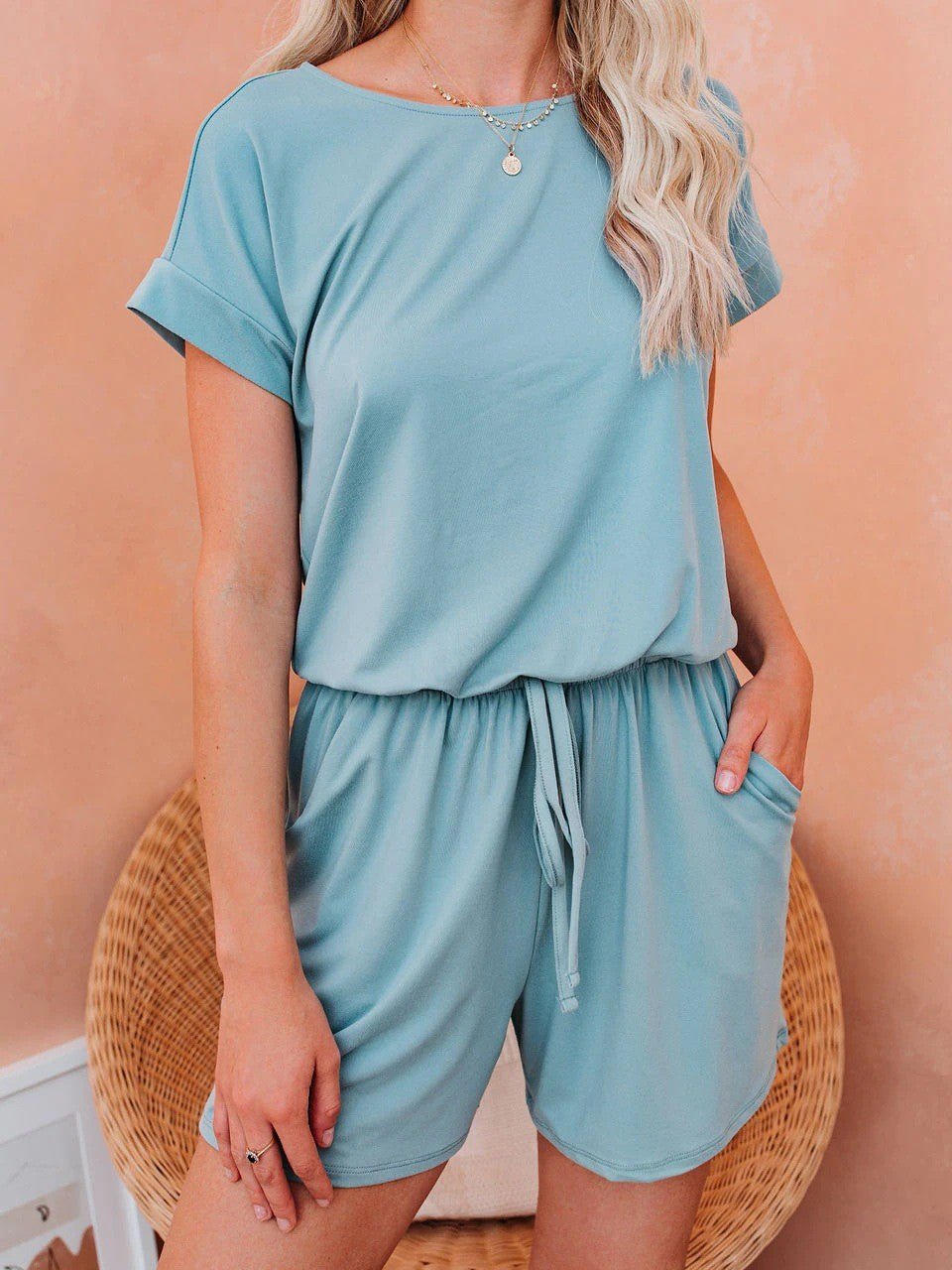 Valenzora | Women's Jumpsuits Solid Short Sleeve Lace-up Casual Jumpsuit