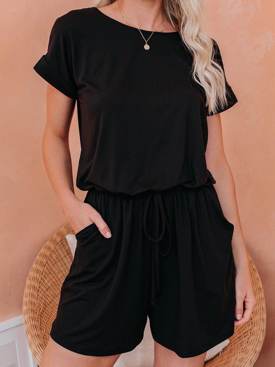 Valenzora | Women's Jumpsuits Solid Short Sleeve Lace-up Casual Jumpsuit
