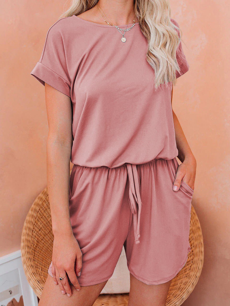 Valenzora | Women's Jumpsuits Solid Short Sleeve Lace-up Casual Jumpsuit