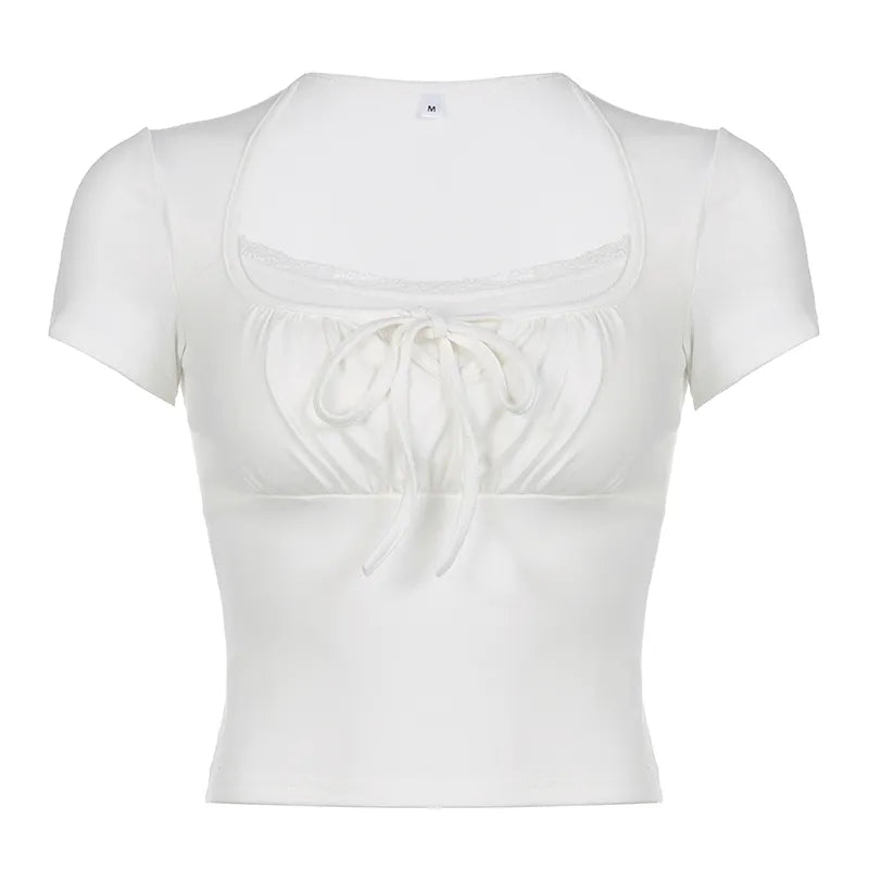 Valenzora | Top with lace trim, square neckline and drawstring
