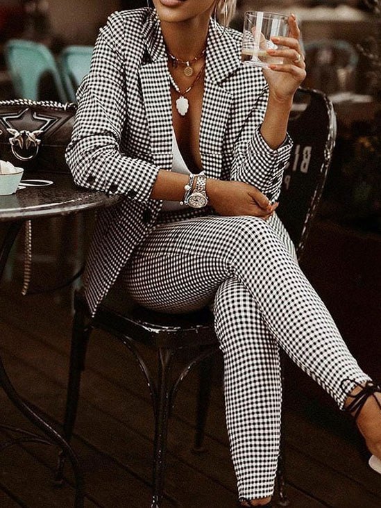 Valenzora | Women's Check Slim Blazer & Trousers Two Piece Set