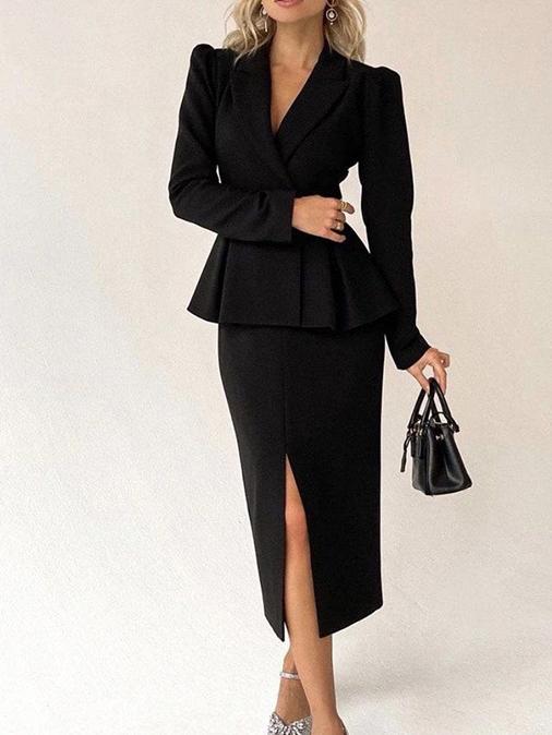 Valenzora | Women's Suit Long-sleeved Jacket & Slit Skirt Two-Piece Suit