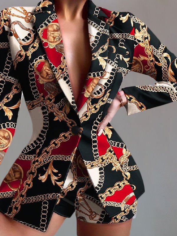 Valenzora | Women's Set Printed Blazer Shorts Two-Piece Set