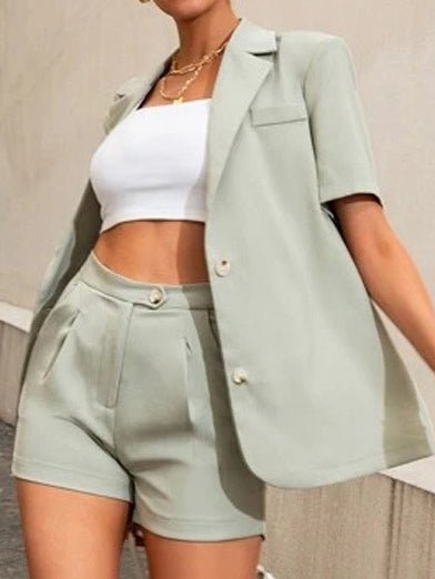 Valenzora | Women's Set Solid Blazer & High Waist Shorts 2 Piece Set