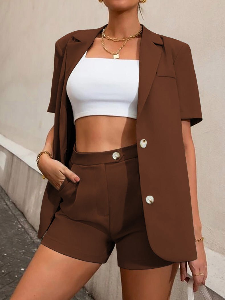 Valenzora | Women's Set Solid Blazer & High Waist Shorts 2 Piece Set