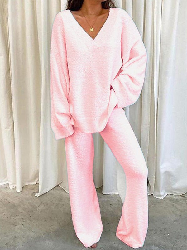 Valenzora | Women's Set Solid Color V-Neck Casual Long Sleeve Top & Pants Warm Two-Piece Set