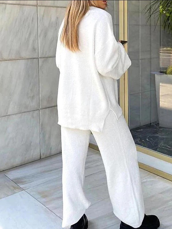 Valenzora | Women's Set Solid Color V-Neck Casual Long Sleeve Top & Pants Warm Two-Piece Set
