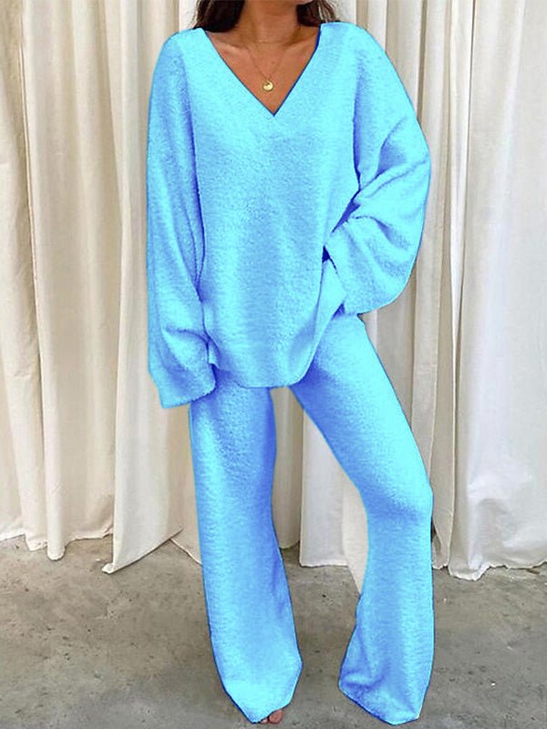 Valenzora | Women's Set Solid Color V-Neck Casual Long Sleeve Top & Pants Warm Two-Piece Set