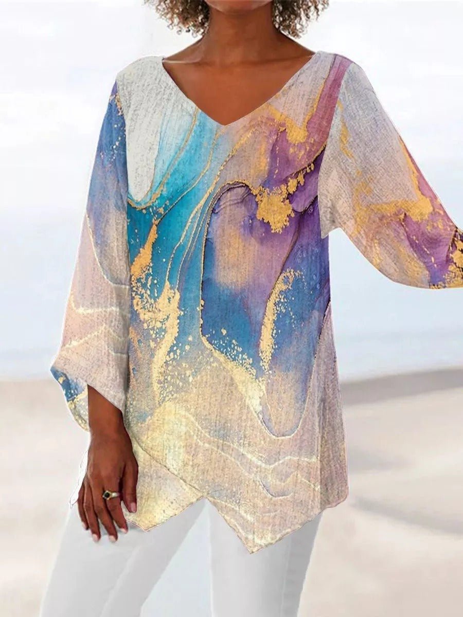 Valenzora | Women's T-shirts Loose Print V-Neck Short Sleeve T-Shirt