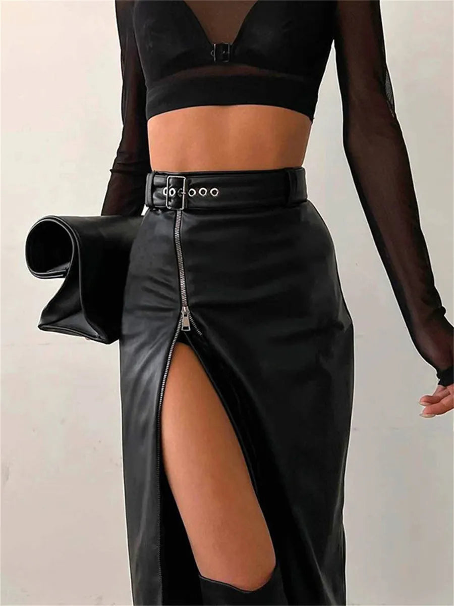 Valenzora - Elegant PU leather pencil skirt with high waist and zipper