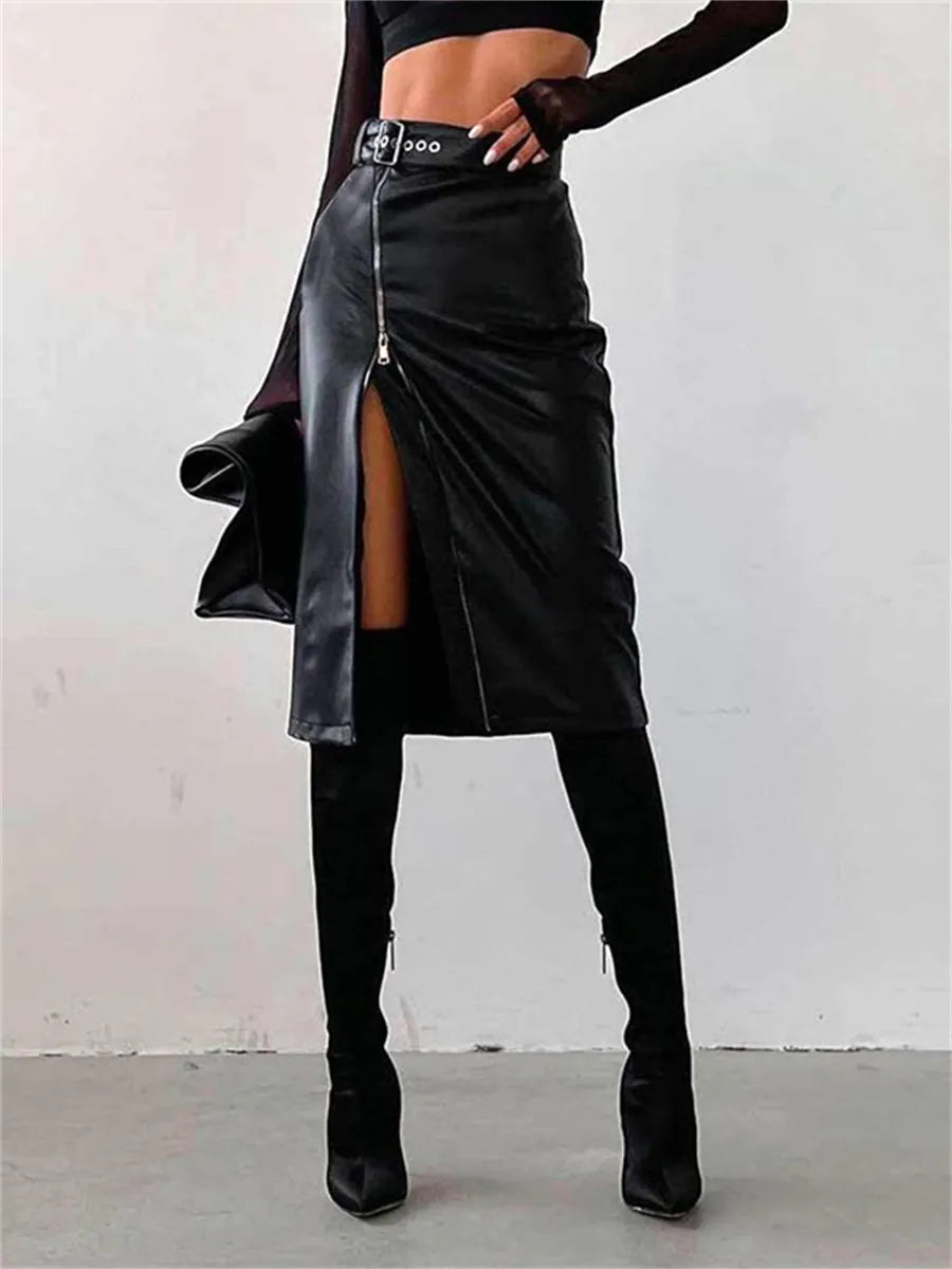 Valenzora - Elegant PU leather pencil skirt with high waist and zipper
