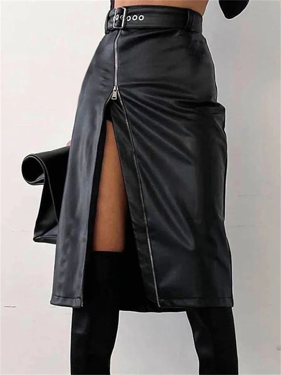 Valenzora - Elegant PU leather pencil skirt with high waist and zipper