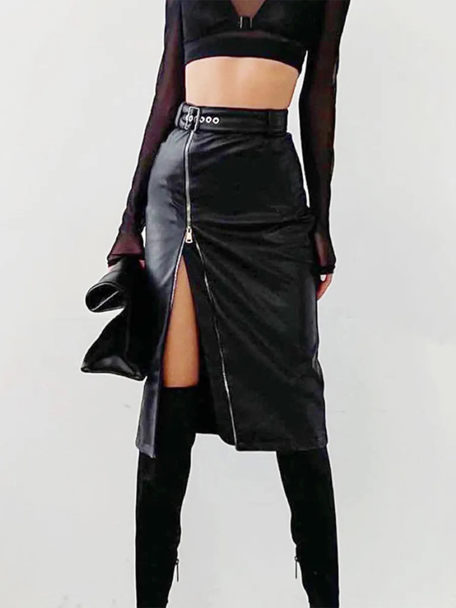 Valenzora - Elegant PU leather pencil skirt with high waist and zipper